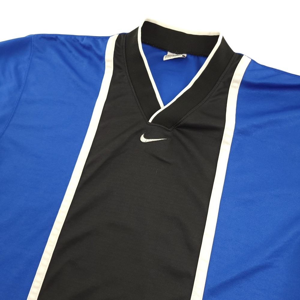 Nike Shirt Mens Large Blue Black V-Neck Short Sleeve Jersey Colorblock Athletic